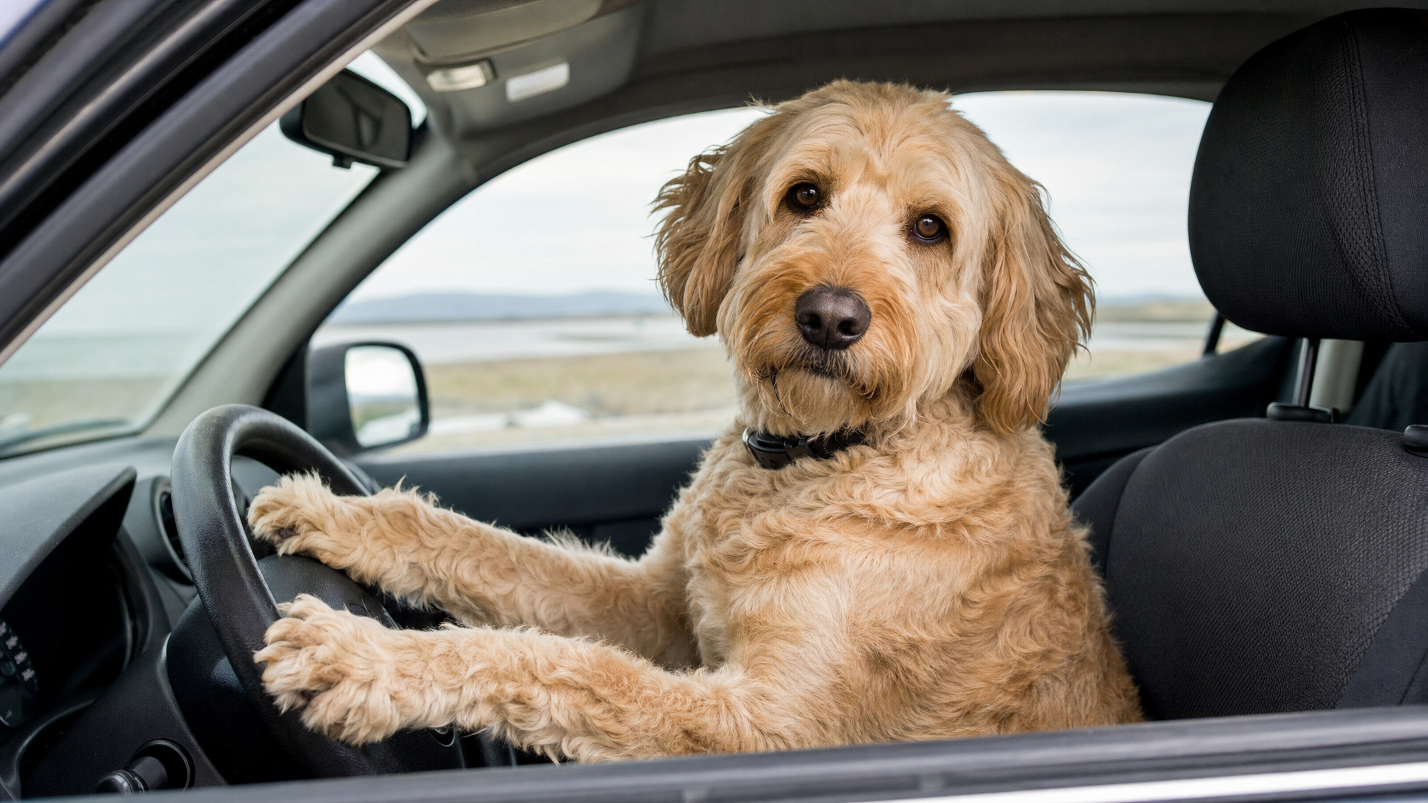 Hund sitzt am Steuer eines geparkten Autos und schaut konzentriert geradeaus