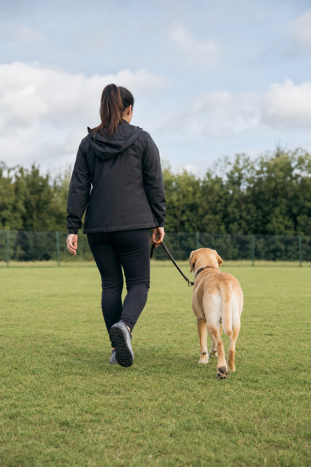 Person geht mit Hund an lockerer Leine ueber einen Trainingsplatz